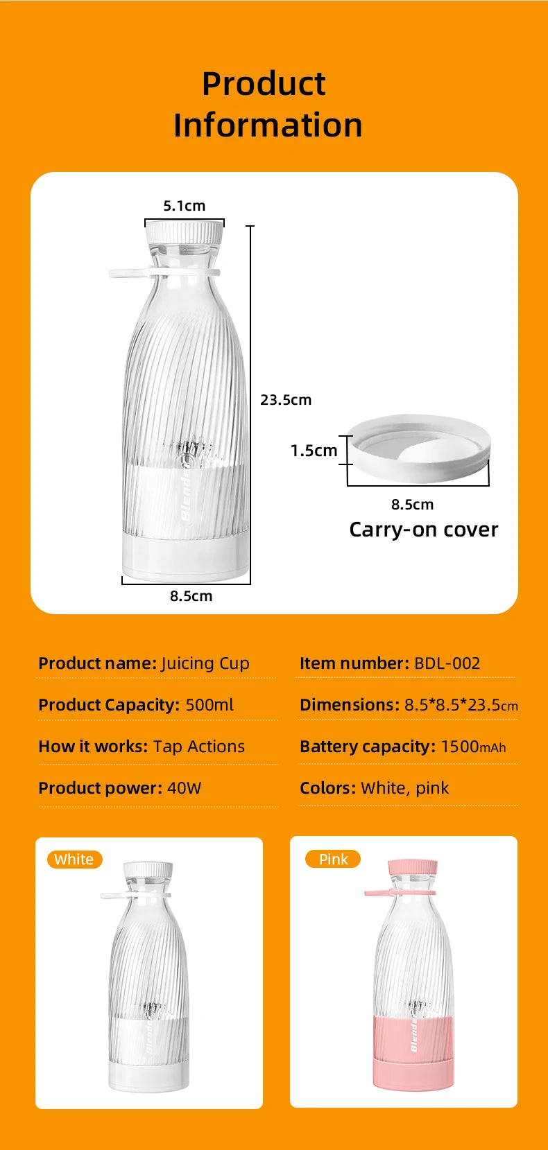 Portable Blender 500ml Mini Juicer