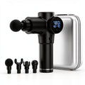 PulseRelief Pro Massage Gun with LCD display, 8 attachment heads, and carrying case