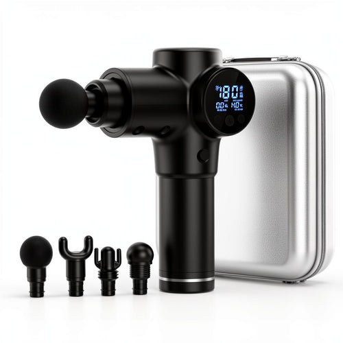 PulseRelief Pro Massage Gun with LCD display, 8 attachment heads, and carrying case